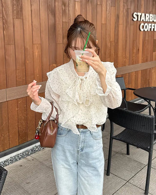 Polka Dot Ribbon Tie Frill Chiffon Blouse