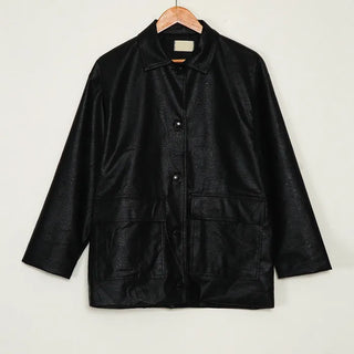 Loose-fit leather mid-length coat jacket