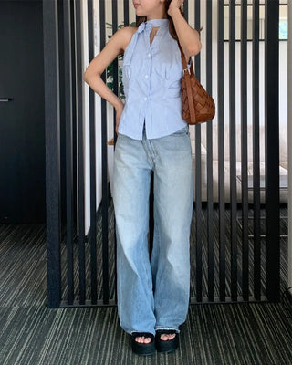 Striped gathered halter neck blouse