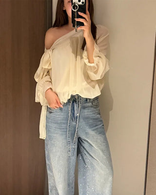 Chiffon Shirring Asymmetrical Ribbon Blouse