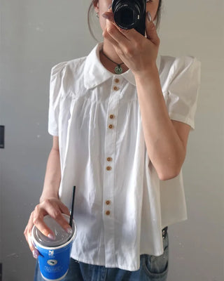 Wood Button Shirring Blouse
