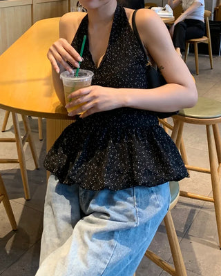 Polka Dot Frill Halter Neck Blouse