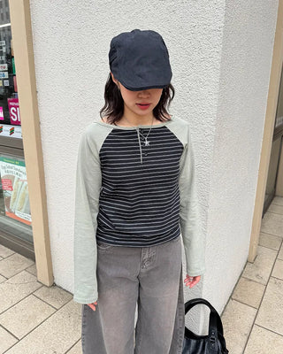 Striped Henley Neck Long T-Shirt