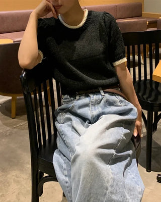 Two-tone boucle short-sleeved knit