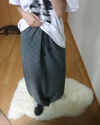 Waist string check long skirt