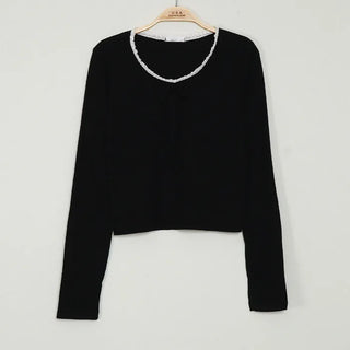 Ribbed lace ribbon long-sleeved T-shirt