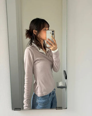 Open-collar long-sleeve T-shirt