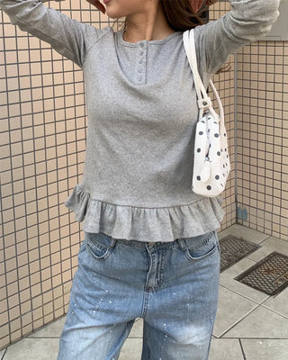 Henley neck frill long-sleeved T-shirt