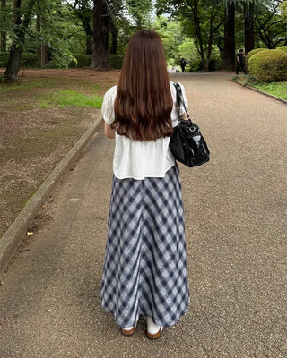 Checked elastic waist string long skirt