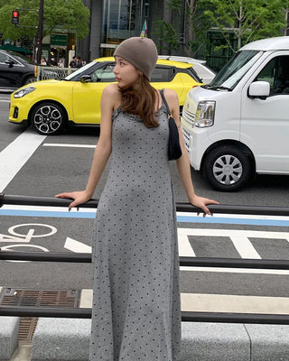 Cap-attached polka dot camisole long dress