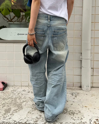 Washed double-pocket wide-leg denim