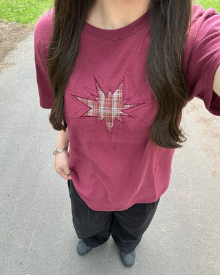(Unisex) Check Vintage Star Patch Short Sleeve T-Shirt