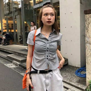 Cropped check shirred shirt