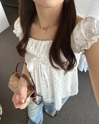 Polka Dot Ribbon Half Blouse