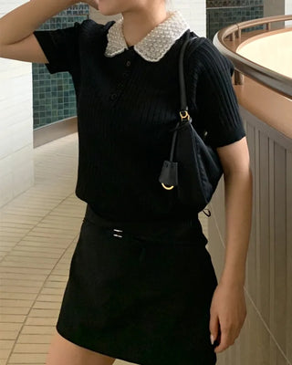 Pearl-embellished color-accented short-sleeved knit