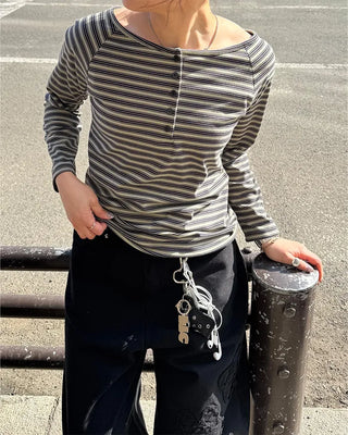 Striped Button Long T-Shirt