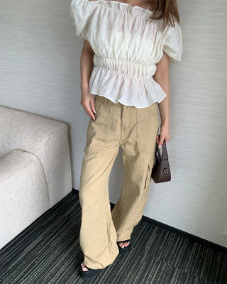 Beige pocket cotton wide-leg pants