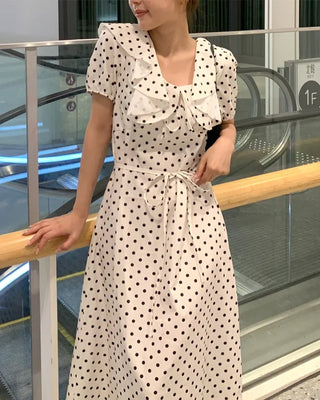Polka Dot Frill Short Sleeve Long Dress