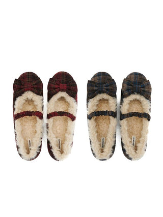 [Moromoro2] Plaid Bow Fur-Lined Ballet  Flats
