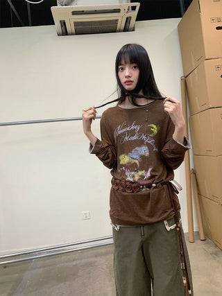 [NEVERSEEZ] Linen Blend Layered Neckline Long Sleeve Tee