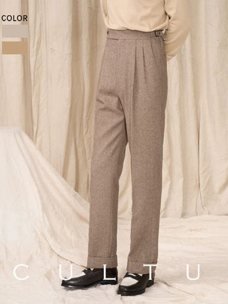 [CULTUM] Wool Blend Herringbone Double Pleat Trousers