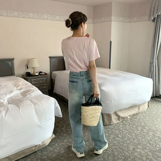Washed light denim pants