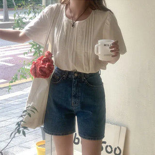 Pleated short-sleeved blouse