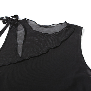 Hollow out mesh crewneck ruffle solid cut out top