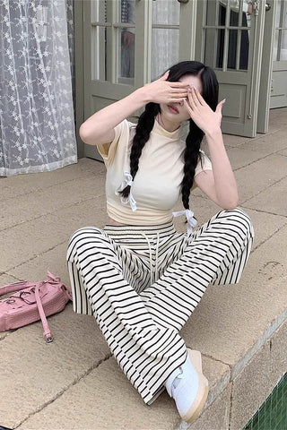 casual striped slim wide-leg pants