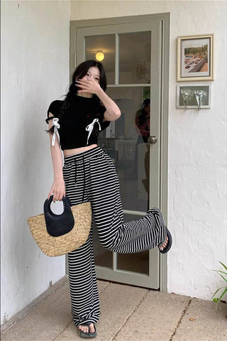 casual striped slim wide-leg pants