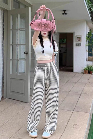 casual striped slim wide-leg pants
