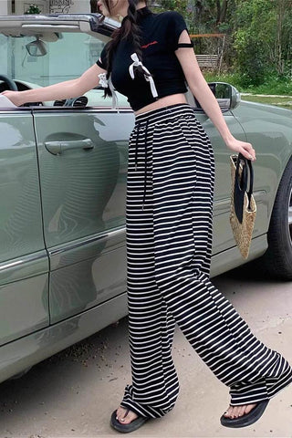 casual striped slim wide-leg pants