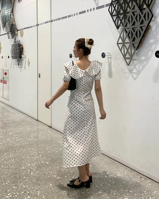 Polka Dot Frill Short Sleeve Long Dress