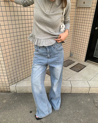 Henley neck frill long-sleeved T-shirt
