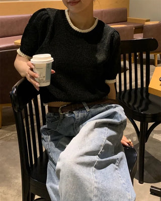 Two-tone boucle short-sleeved knit