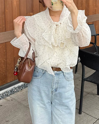 Polka Dot Ribbon Tie Frill Chiffon Blouse