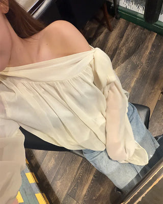 Chiffon Shirring Asymmetrical Ribbon Blouse