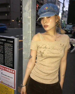 Ribbon Shoulder Butterfly Cap Ribbed T-Shirt