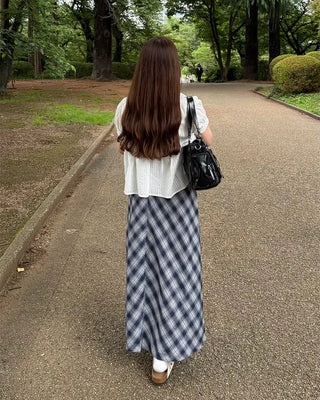 Checked elastic waist string long skirt