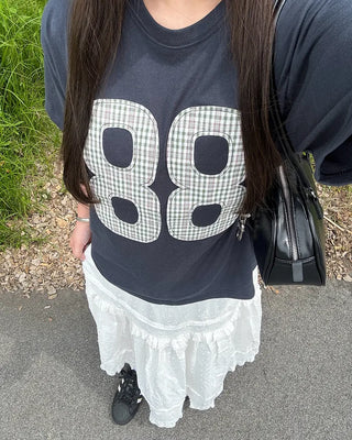 (Unisex) Number Patch Work Loose Fit Short Sleeve T-Shirt