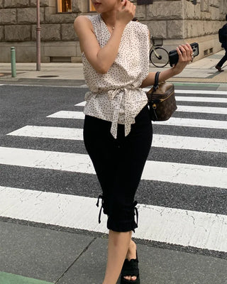 Scarf tie polka dot drape blouse