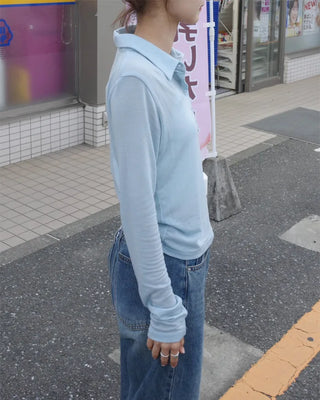 Button-collar long-sleeve T-shirt