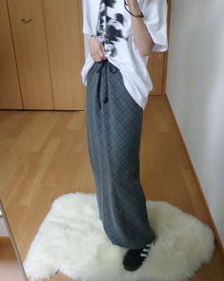 Waist string check long skirt