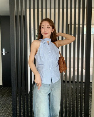 Striped gathered halter neck blouse