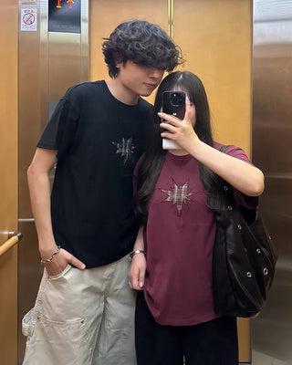 (Unisex) Check Vintage Star Patch Short Sleeve T-Shirt