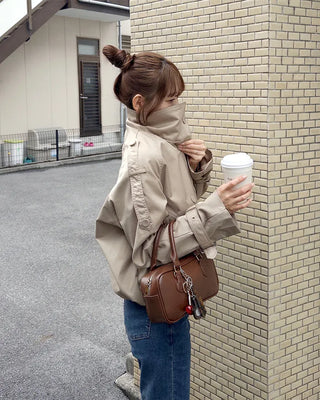 High-neck double-breasted half coat