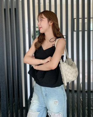 Ribbon strap shirred blouse