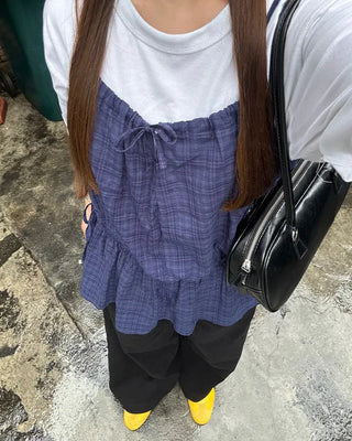 Checked sleeveless shirred blouse
