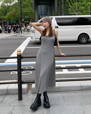 Cap-attached polka dot camisole long dress