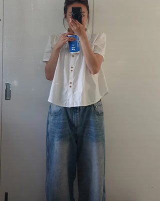 Wood Button Shirring Blouse